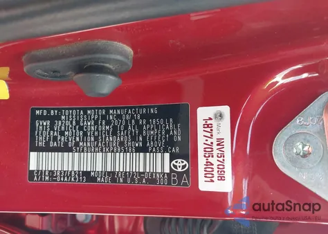 2019 Toyota Corolla Le из США, поврежденный, VIN 5YFBURHEXKP885186